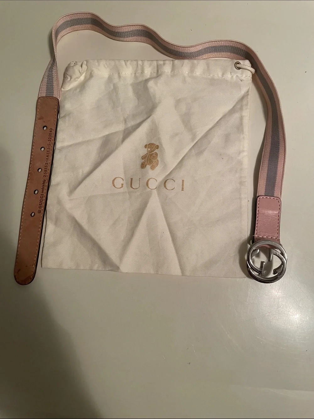 Gucci Pink and Gray Web Stripe Leather Belt with Silver Double G Buckle